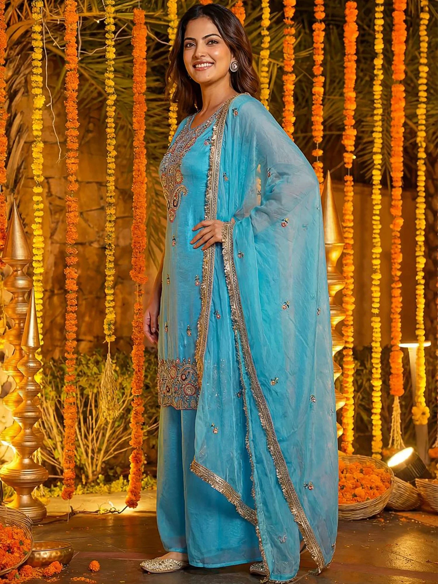 Classy Blue Sequins Work Silk Festivals Wear Palazzo Suit With Dupatta