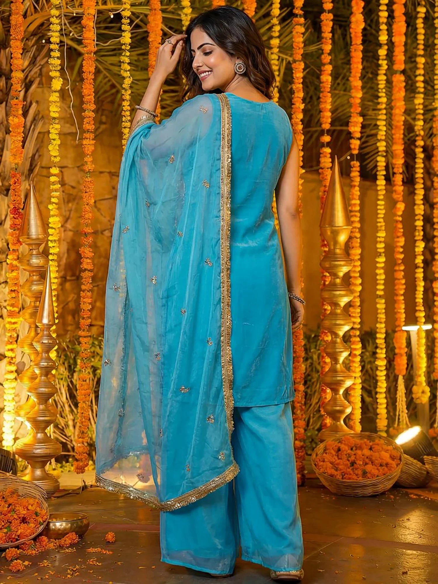 Classy Blue Sequins Work Silk Festivals Wear Palazzo Suit With Dupatta