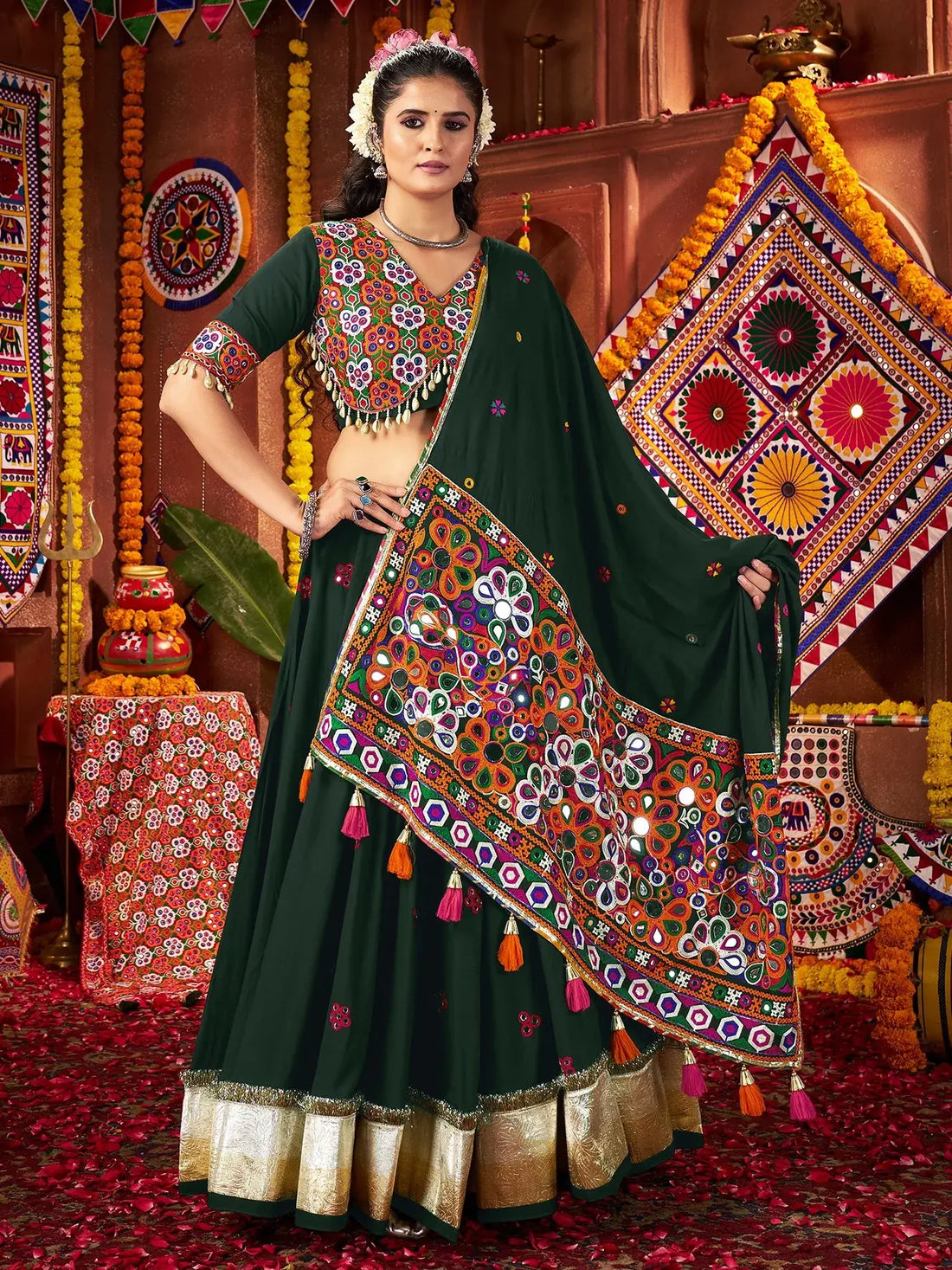 Classy Bottle Green Cotton Lehenga With Thread Work Blouse And Dupatta - Zeel Clothing