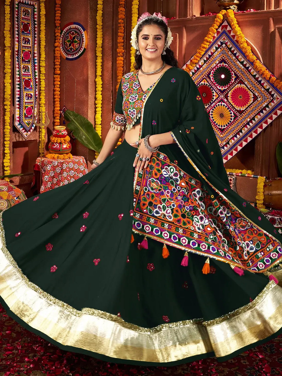 Classy Bottle Green Cotton Lehenga With Thread Work Blouse And Dupatta - Zeel Clothing