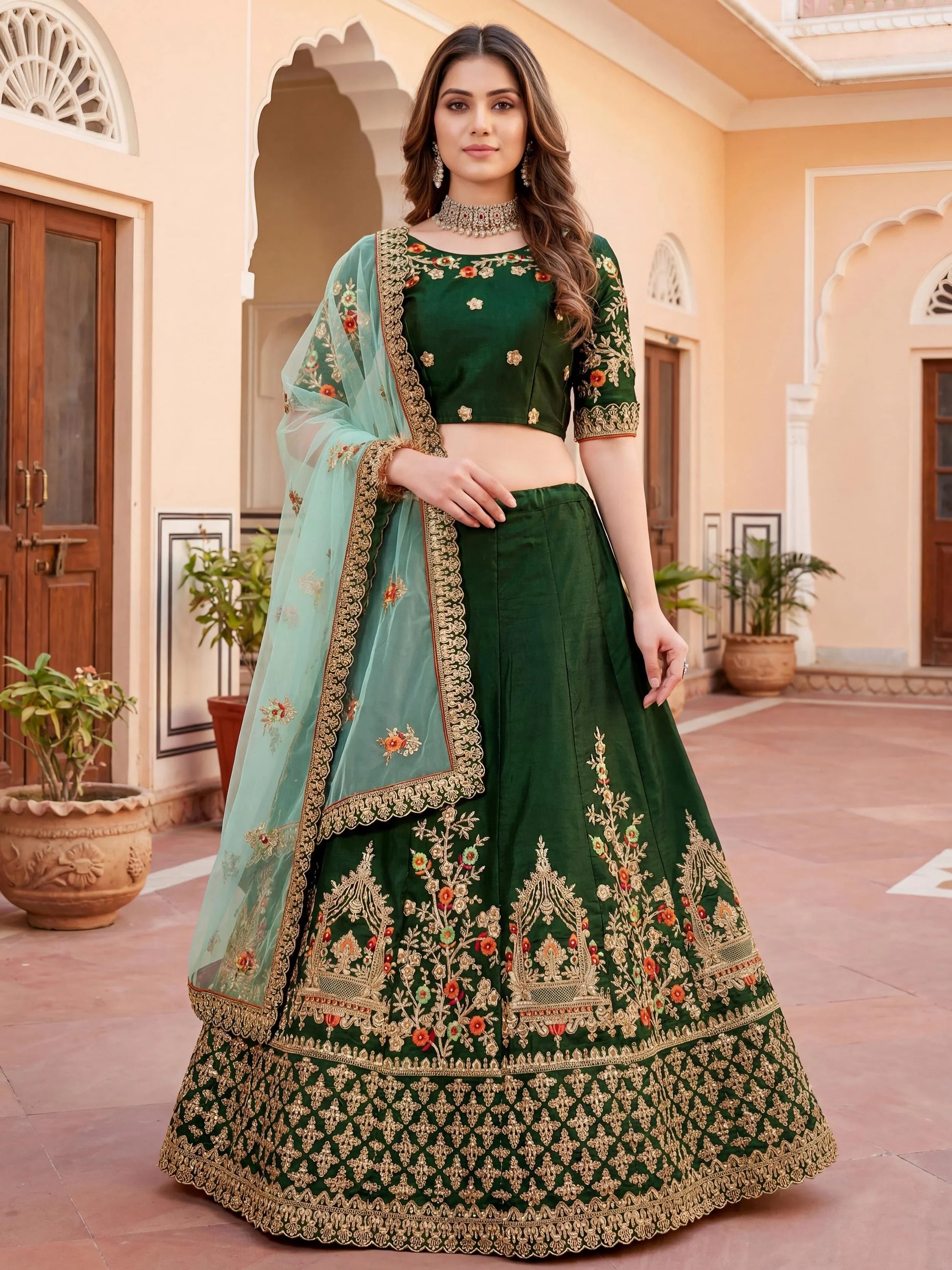 Classy Bottle Green Floral Embroidery Silk Mehendi Wear Lehenga Choli
