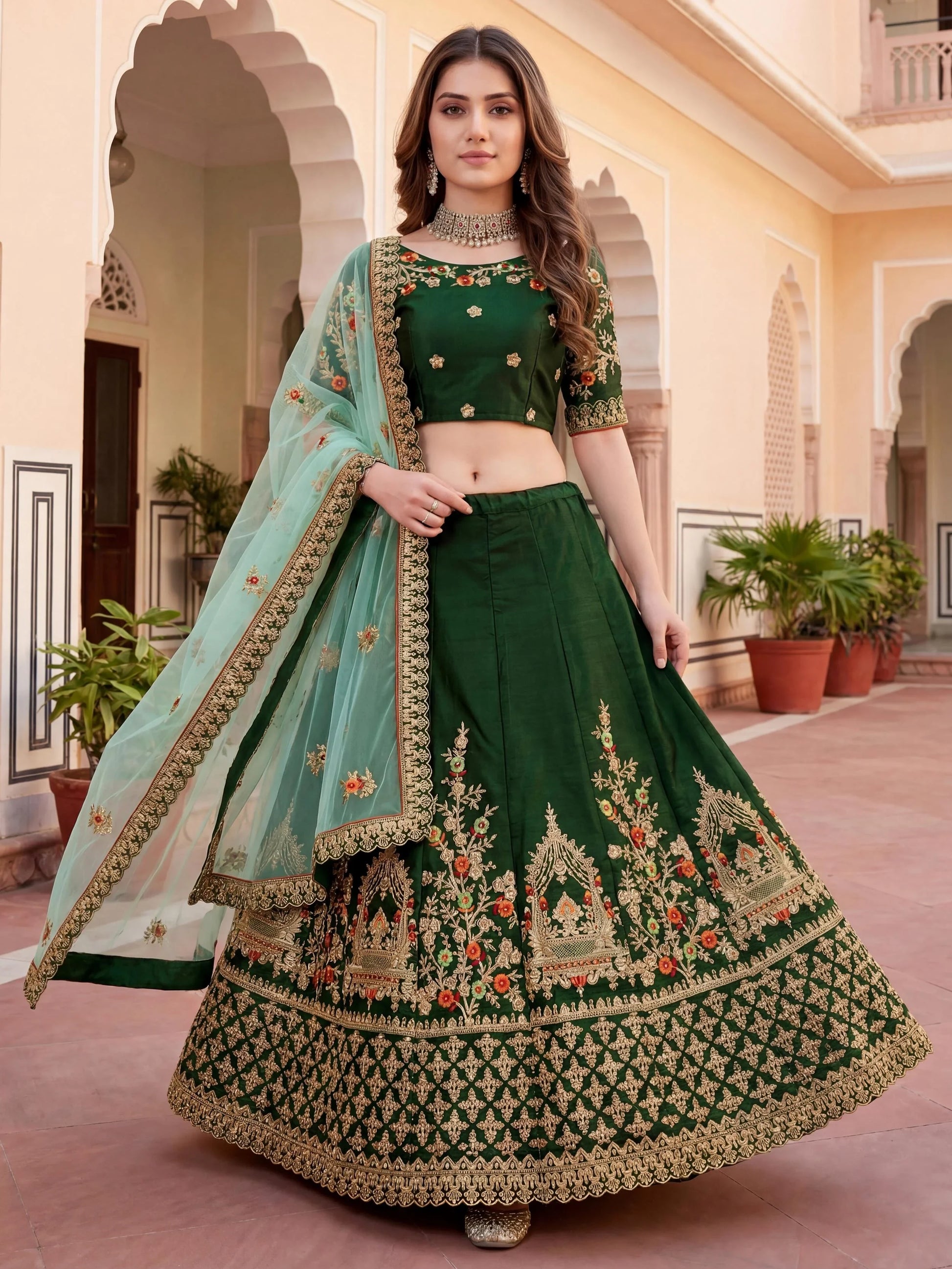 Classy Bottle Green Floral Embroidery Silk Mehendi Wear Lehenga Choli