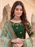 Classy Bottle Green Floral Embroidery Silk Mehendi Wear Lehenga Choli