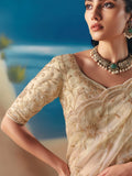 Classy Cream Embroidered Georgette Wedding Wear Saree With Blouse