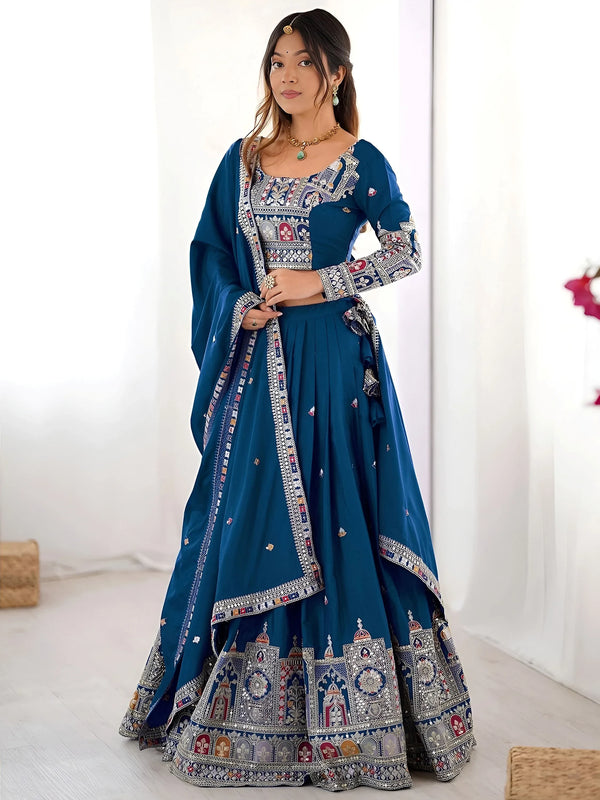 Classy Dove Blue Sequins Work Crepe Silk Bridesmaid Lehenga Choli With Dupatta