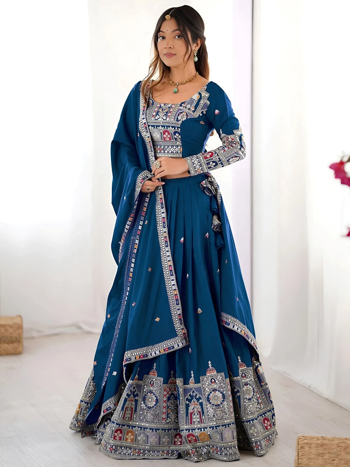 Classy Dove Blue Sequins Work Crepe Silk Bridesmaid Lehenga Choli With Dupatta