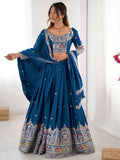 Classy Dove Blue Sequins Work Crepe Silk Bridesmaid Lehenga Choli With Dupatta