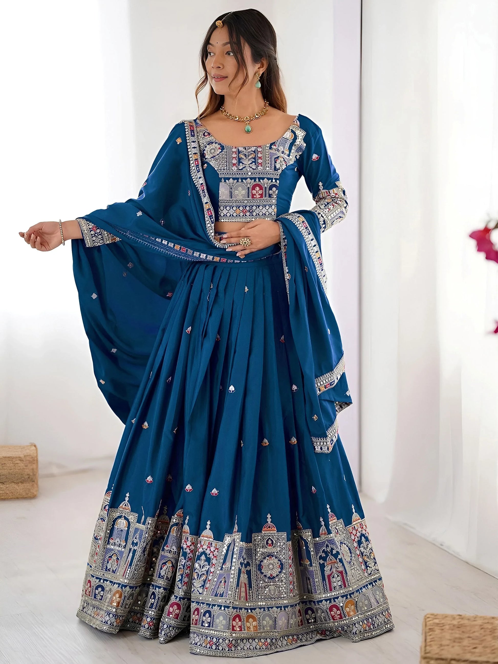 Classy Dove Blue Sequins Work Crepe Silk Bridesmaid Lehenga Choli With Dupatta