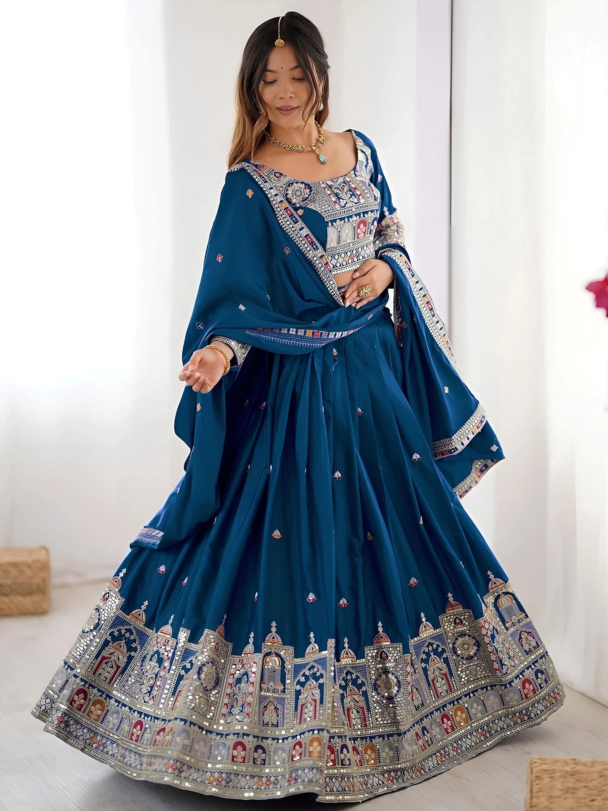 Classy Dove Blue Sequins Work Crepe Silk Bridesmaid Lehenga Choli With Dupatta