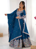 Classy Dove Blue Sequins Work Crepe Silk Bridesmaid Lehenga Choli With Dupatta