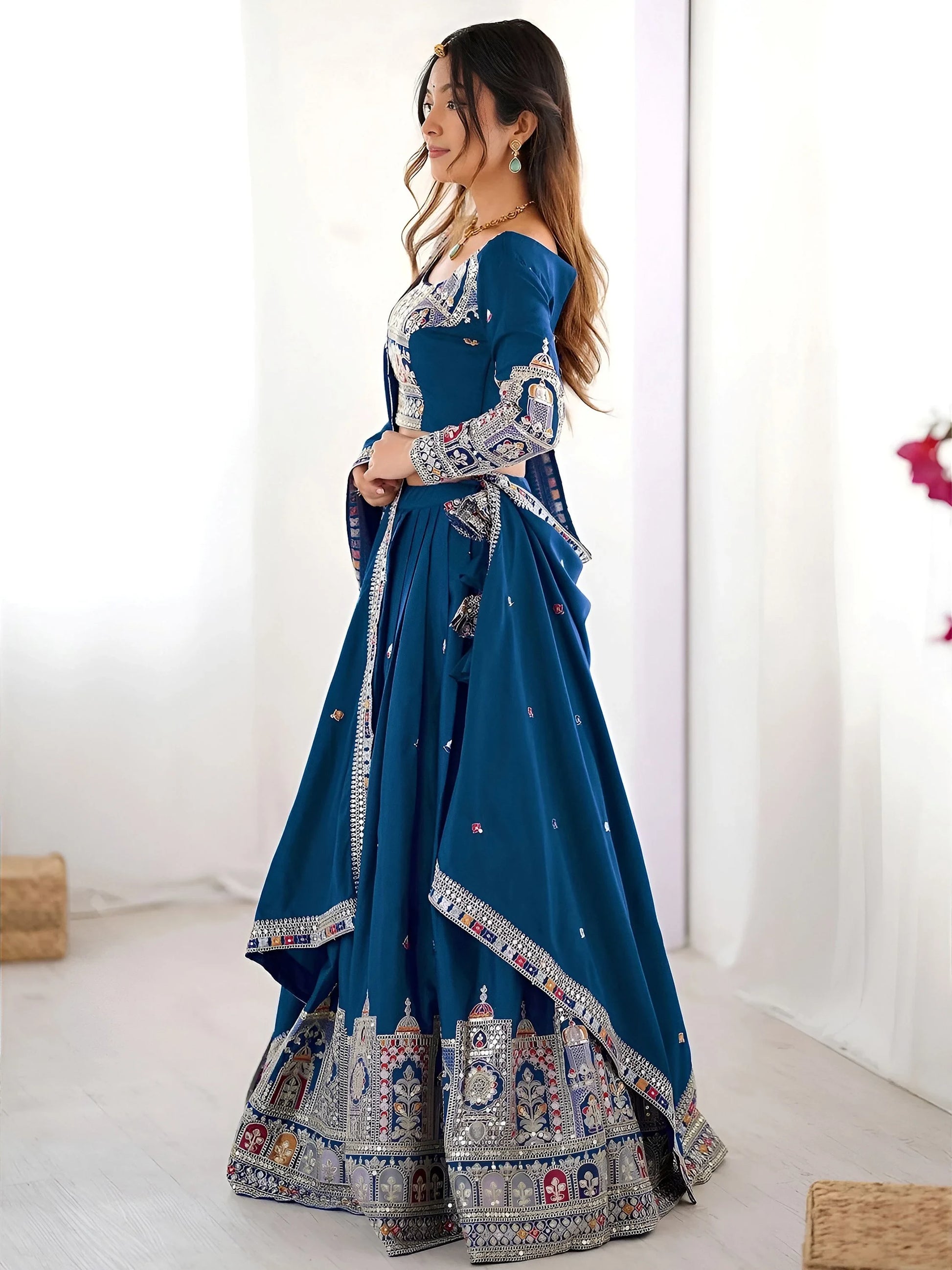 Classy Dove Blue Sequins Work Crepe Silk Bridesmaid Lehenga Choli With Dupatta