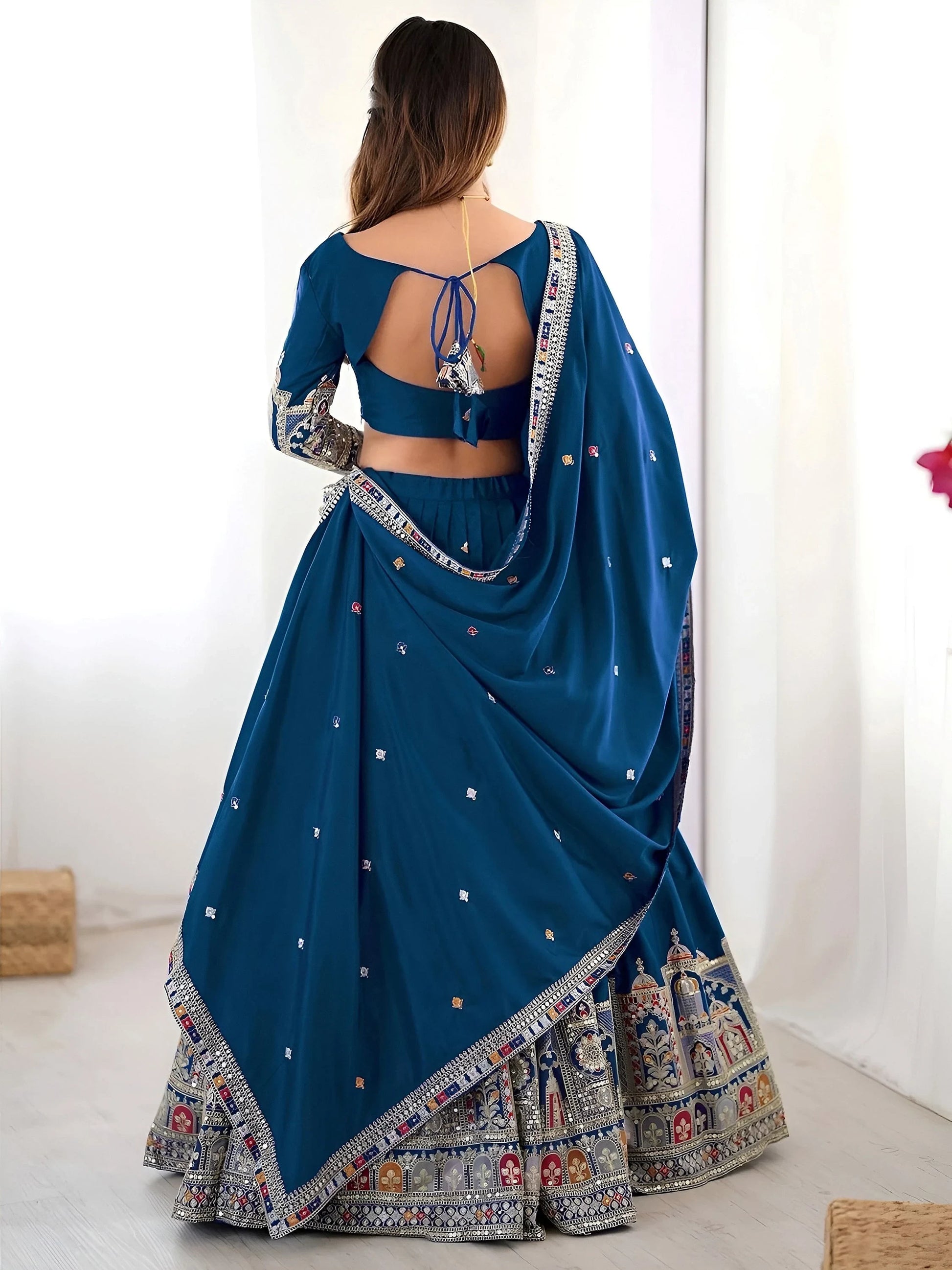 Classy Dove Blue Sequins Work Crepe Silk Bridesmaid Lehenga Choli With Dupatta