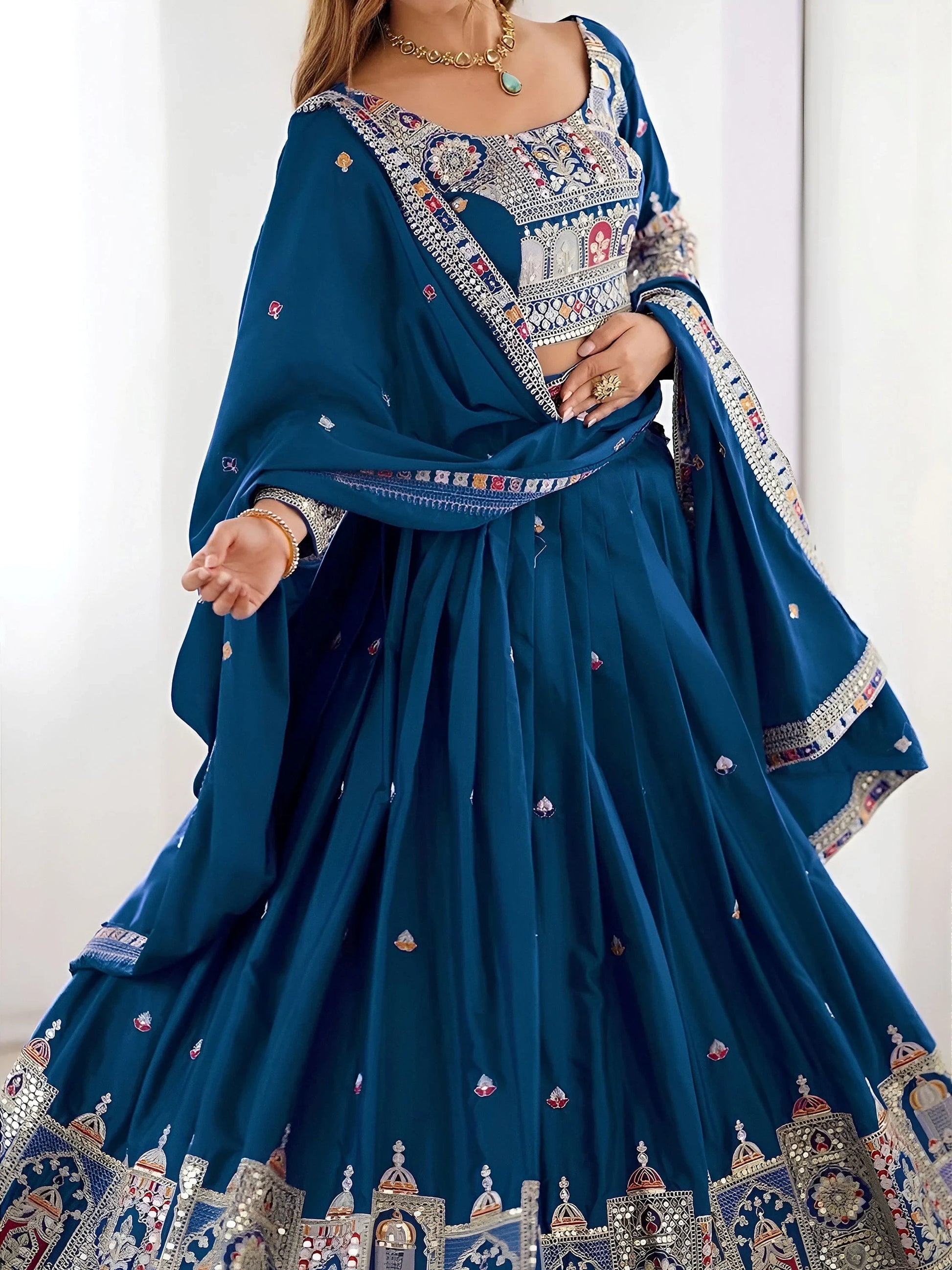 Classy Dove Blue Sequins Work Crepe Silk Bridesmaid Lehenga Choli With Dupatta