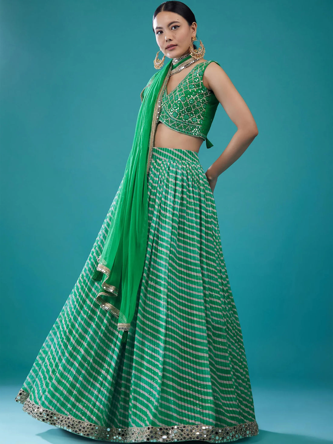 Classy Green Leheriya Printed Organza Evening Wear Lehenga With Blouse