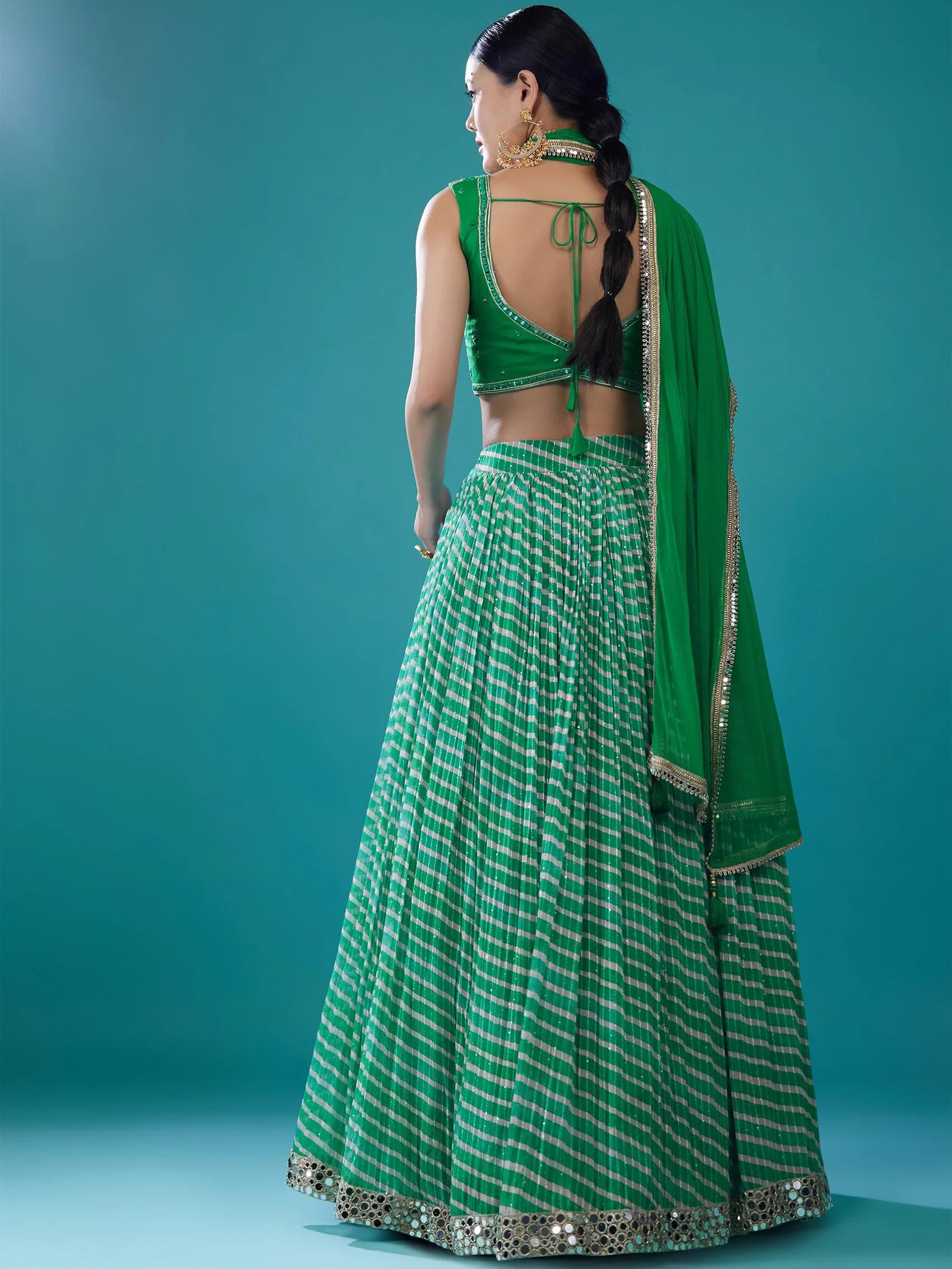 Classy Green Leheriya Printed Organza Evening Wear Lehenga With Blouse