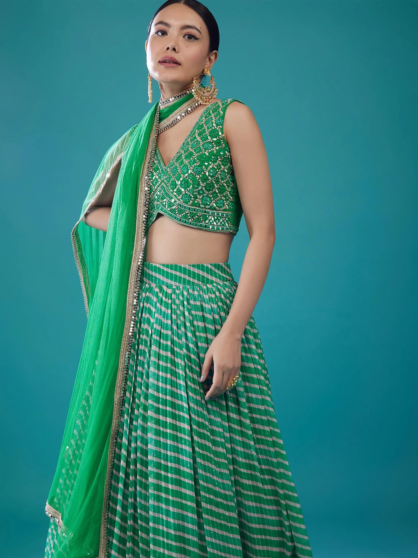 Classy Green Leheriya Printed Organza Evening Wear Lehenga With Blouse
