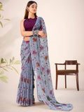 Classy Grey  Floral Printed Brasso Sangeet Nights Wear Saree