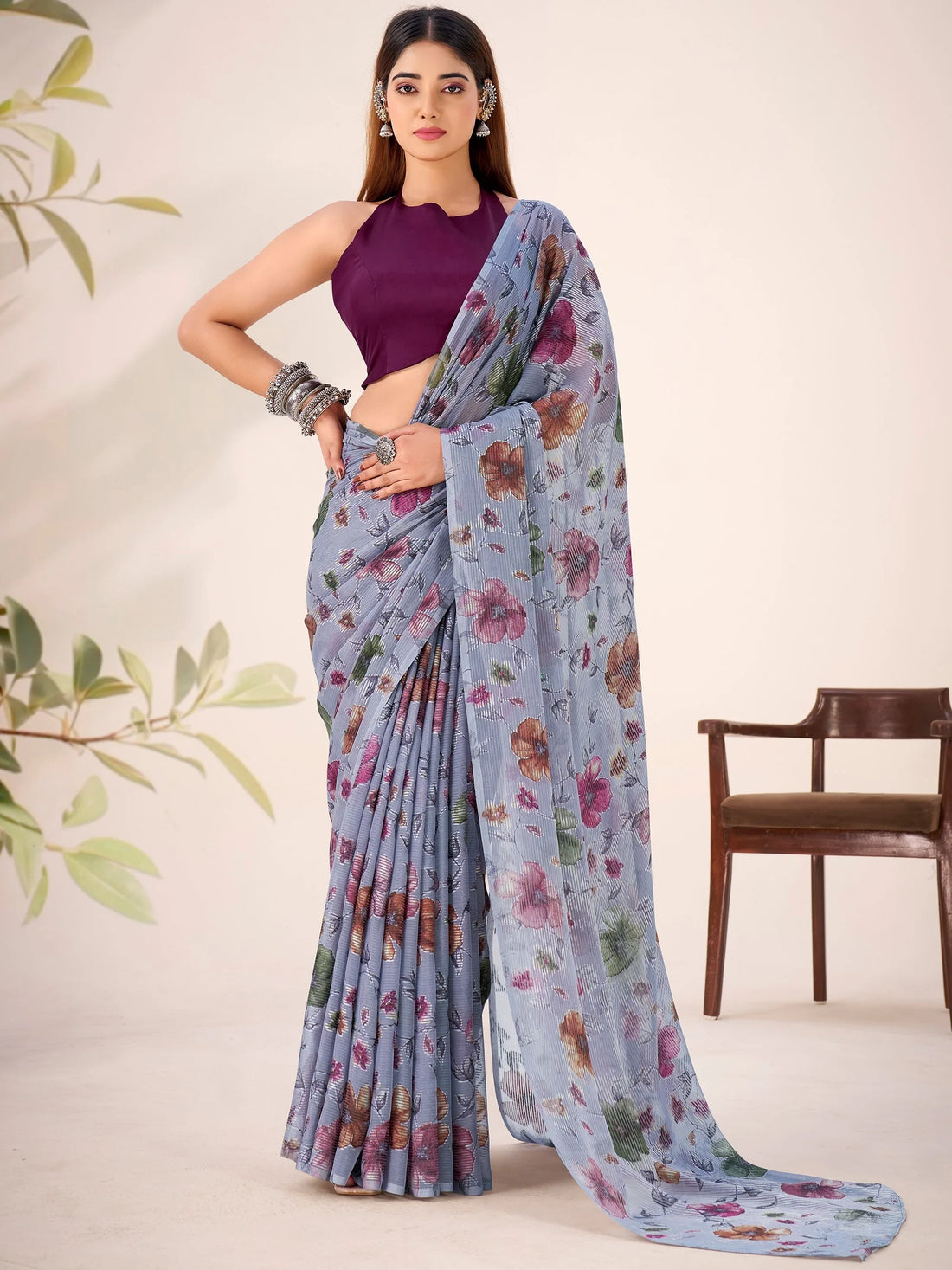 Classy Grey  Floral Printed Brasso Sangeet Nights Wear Saree