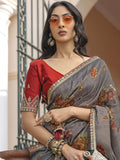 Classy Grey Floral Printed Silk Event Wear Saree With Blouse - Zeel Clothing