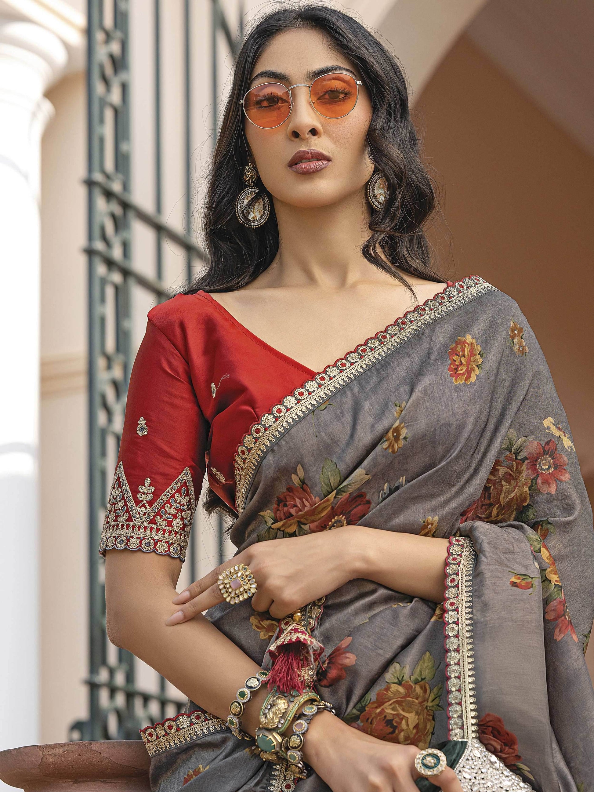 Classy Grey Floral Printed Silk Event Wear Saree With Blouse - Zeel Clothing