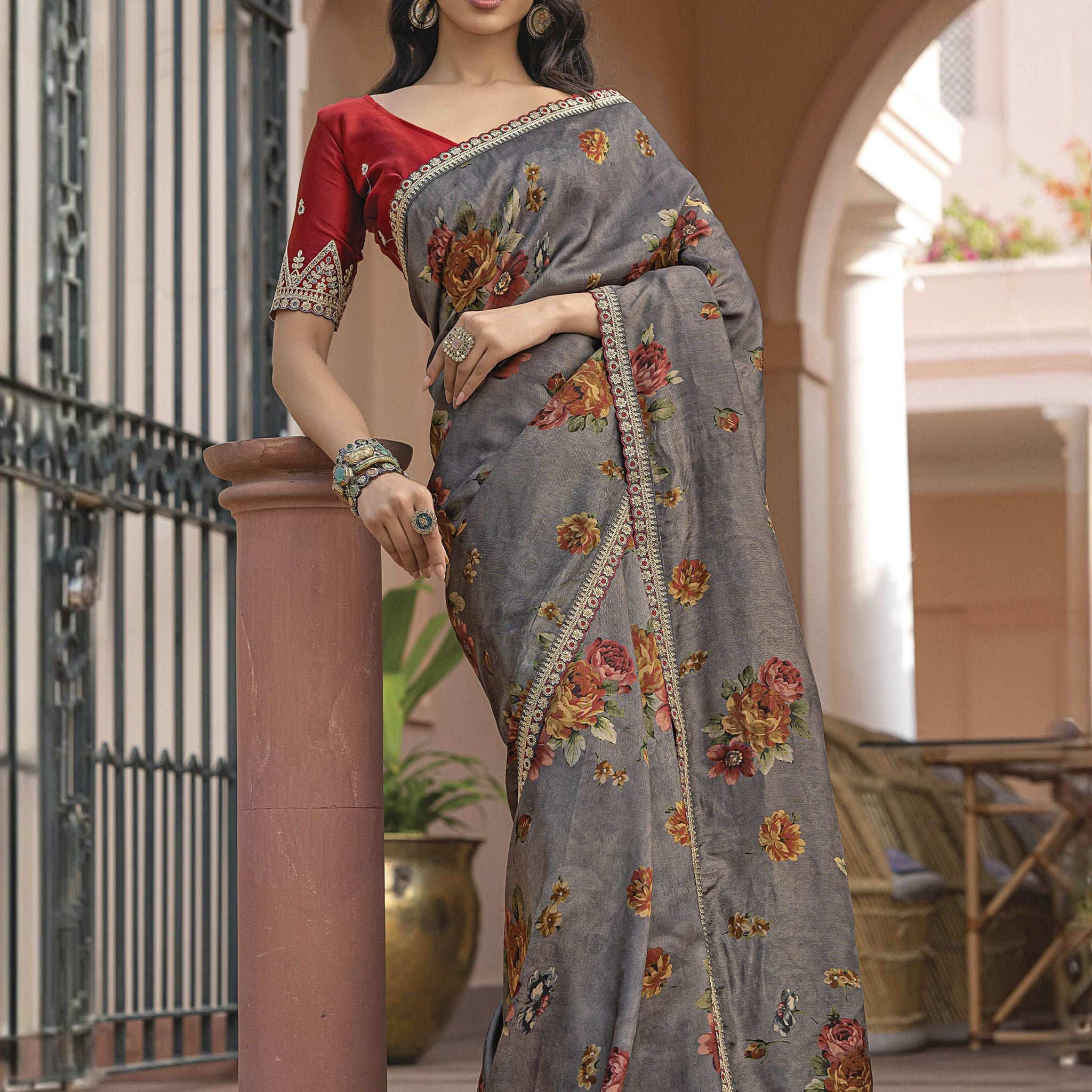 Classy Grey Floral Printed Silk Event Wear Saree With Blouse - Zeel Clothing