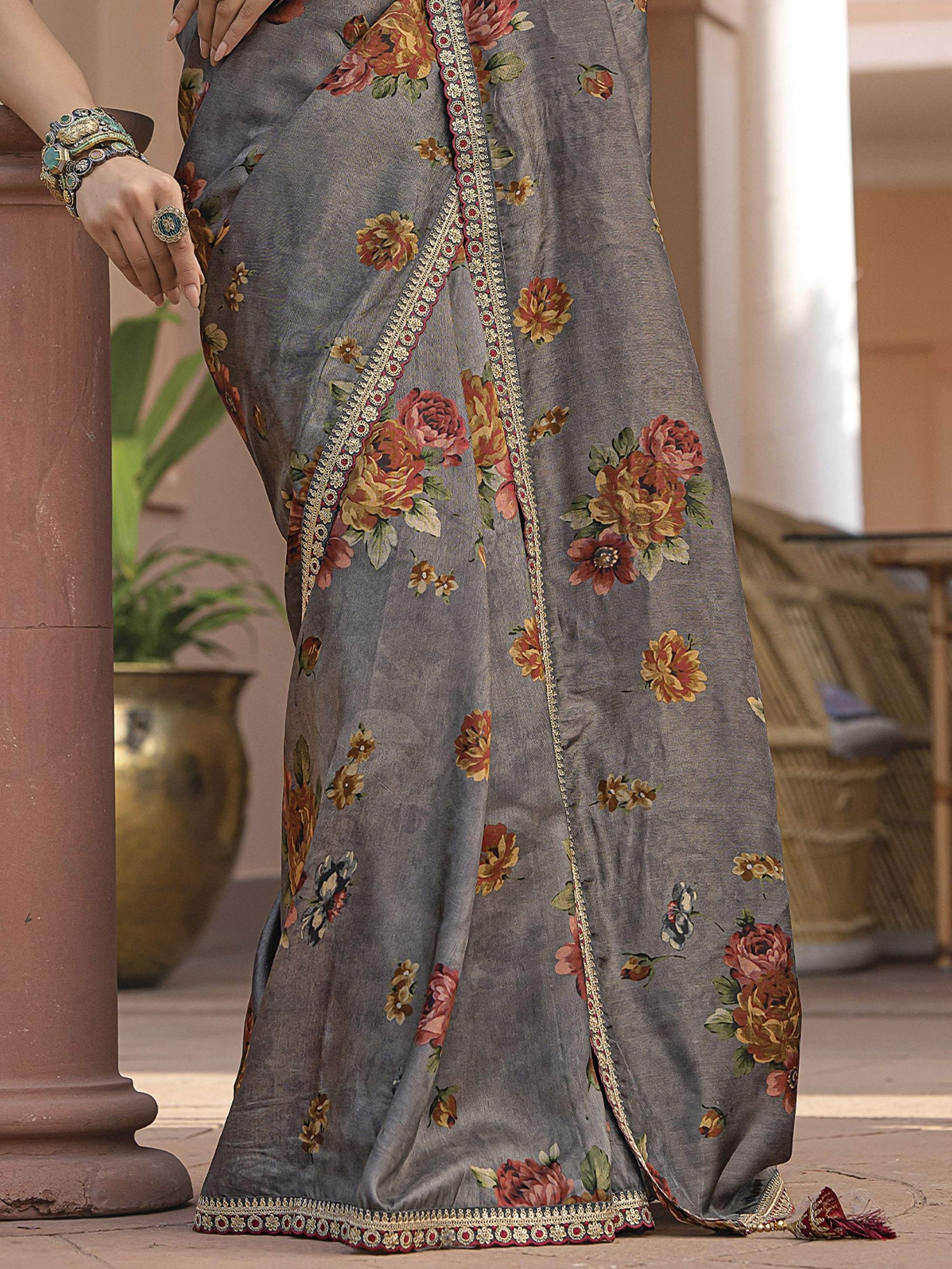 Classy Grey Floral Printed Silk Event Wear Saree With Blouse - Zeel Clothing