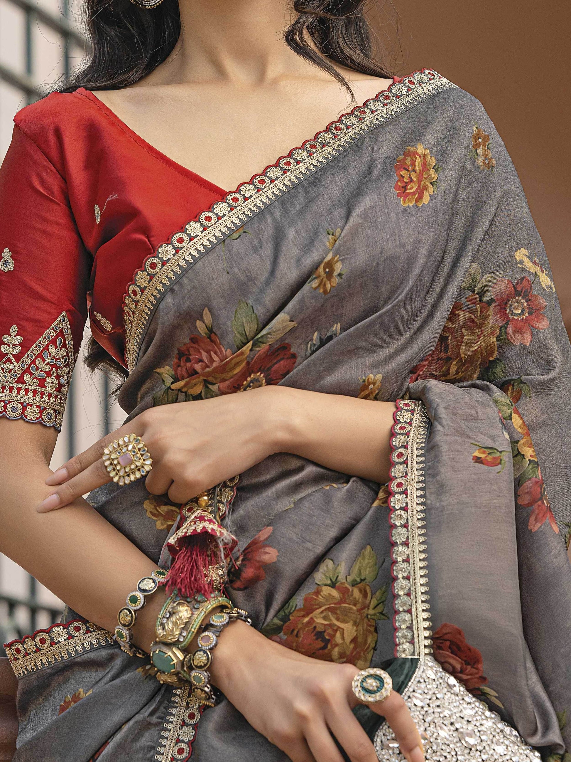 Classy Grey Floral Printed Silk Event Wear Saree With Blouse - Zeel Clothing