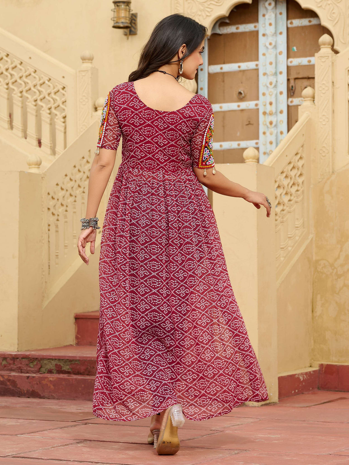 Classy Maroon Kutchi Patch Work Georgette Traditional Front Open Kurti - Zeel Clothing