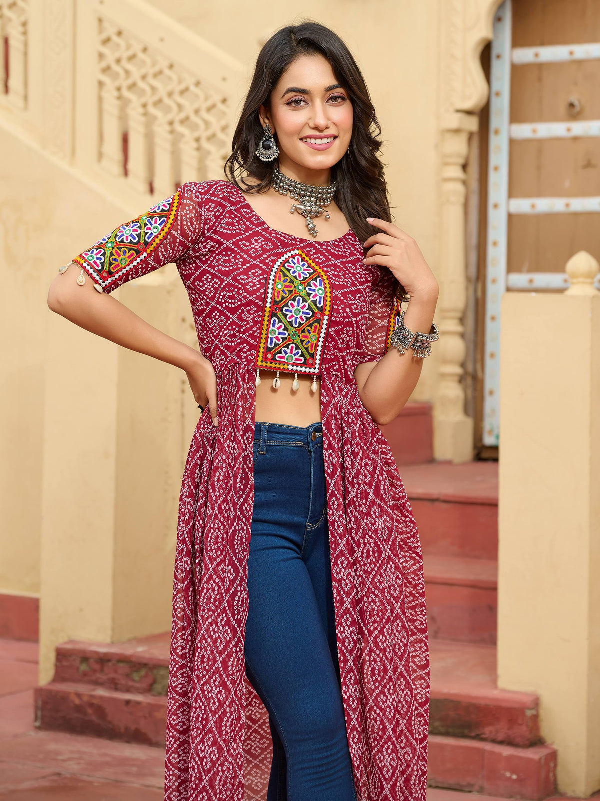 Classy Maroon Kutchi Patch Work Georgette Traditional Front Open Kurti - Zeel Clothing