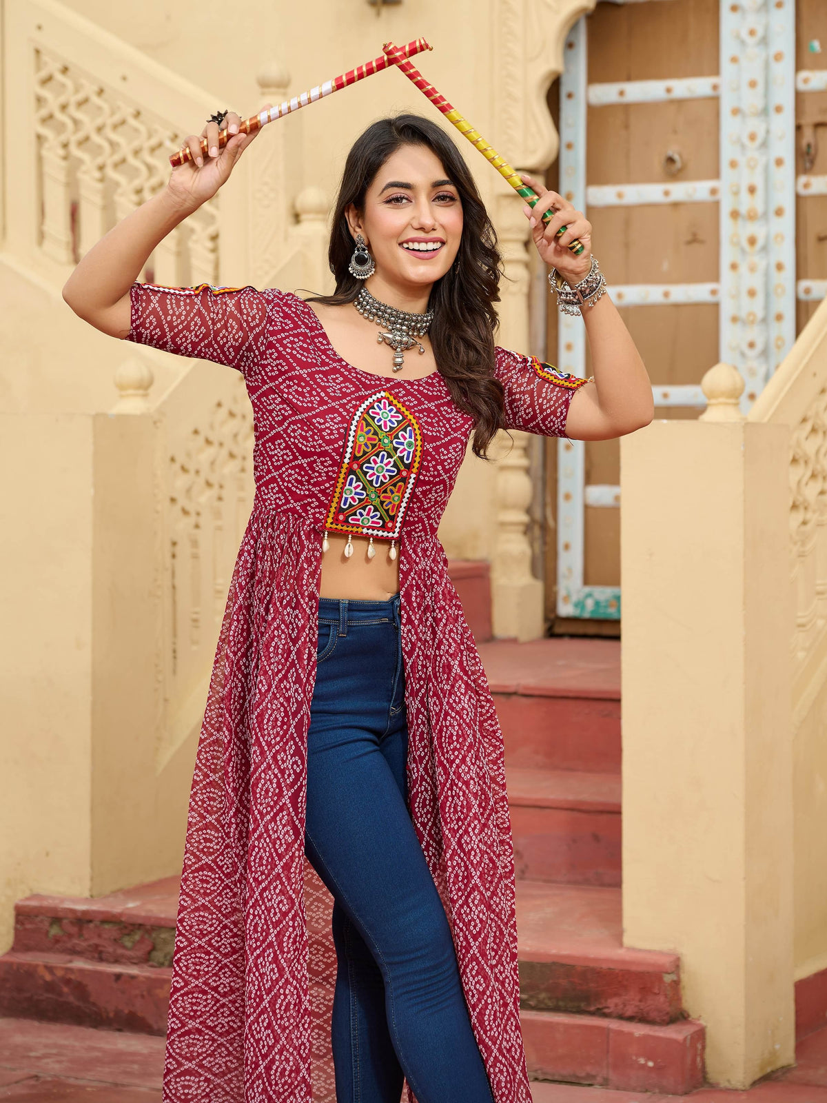 Classy Maroon Kutchi Patch Work Georgette Traditional Front Open Kurti - Zeel Clothing