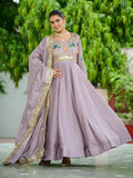Classy Mauve Multi Thread Work Silk Traditional Gown With Dupatta