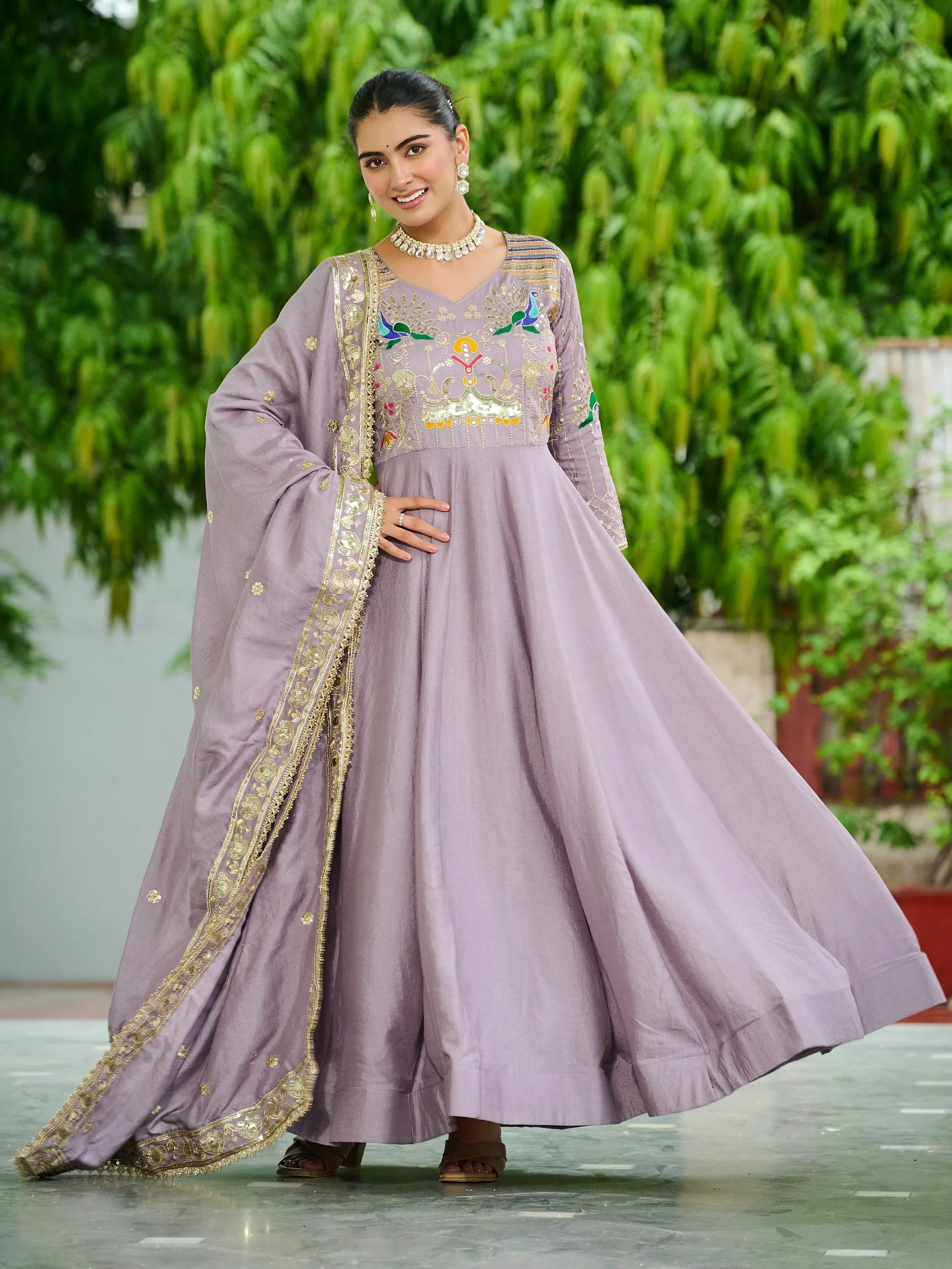 Classy Mauve Multi Thread Work Silk Traditional Gown With Dupatta
