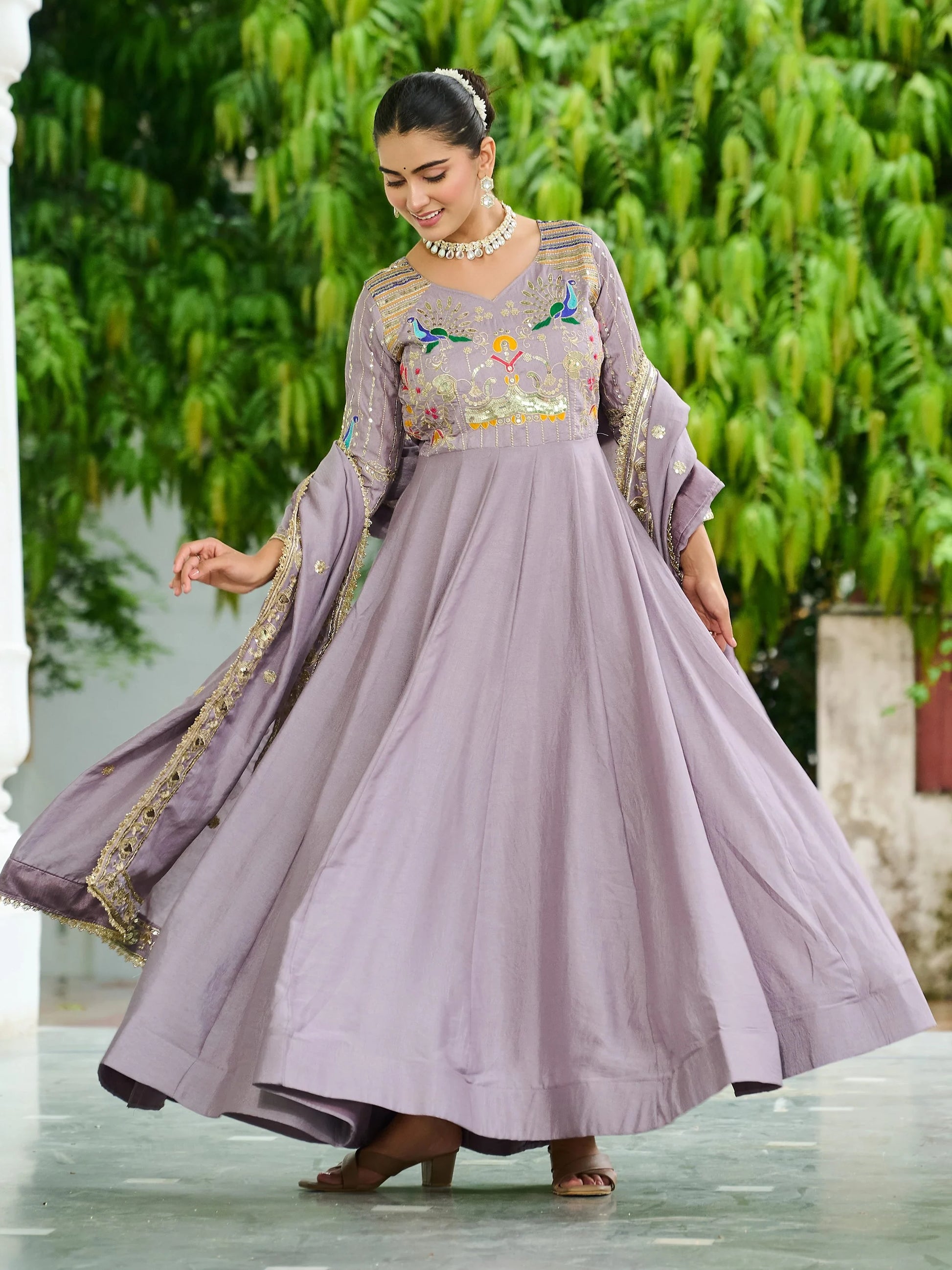 Classy Mauve Multi Thread Work Silk Traditional Gown With Dupatta