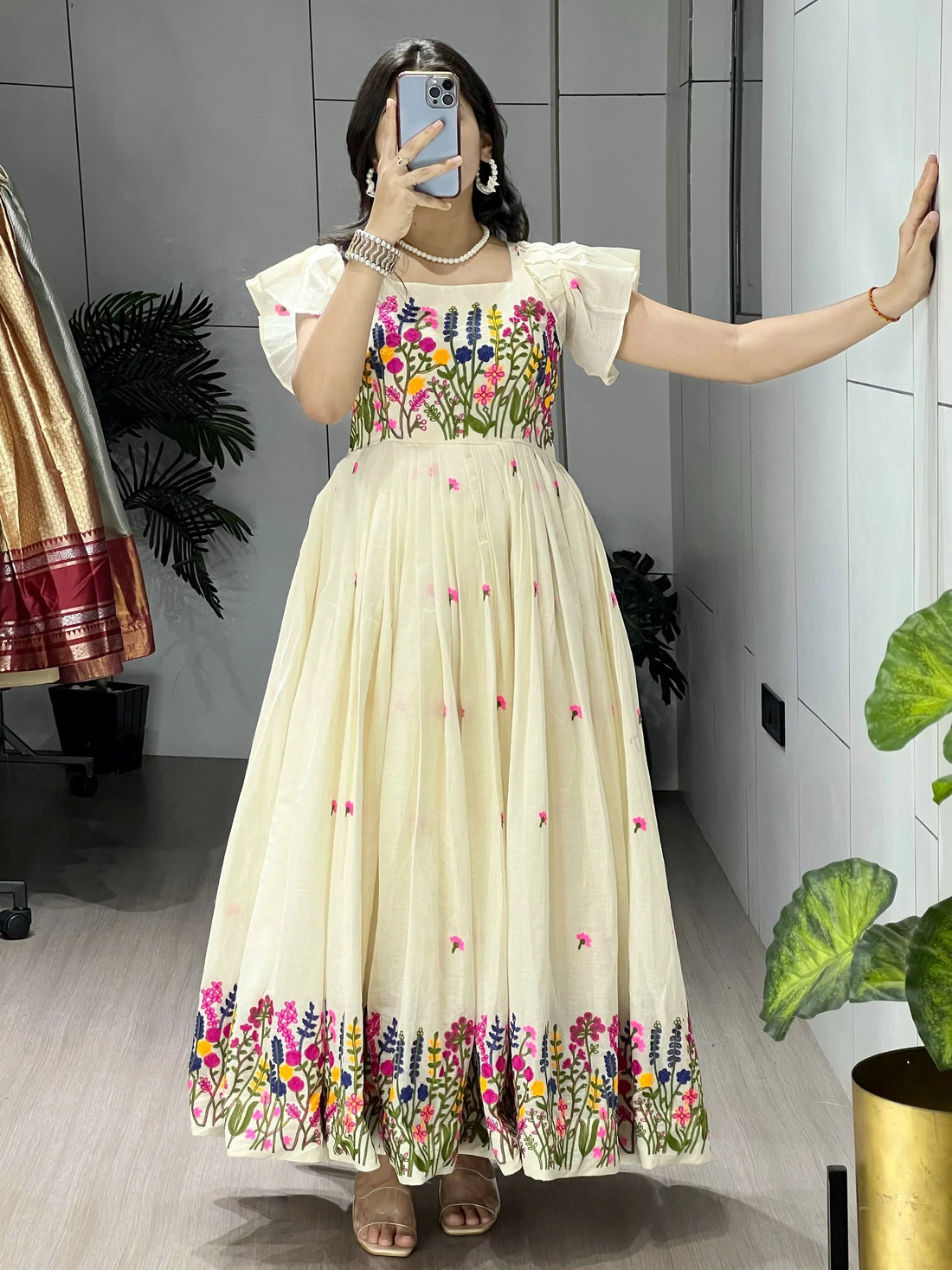 Classy Off White Embroidered Cotton Daily Wear Dress