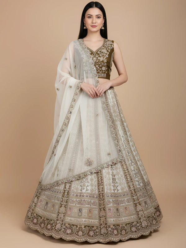 Classy Off-White Floral Embroidered Net Traditional Lehenga Choli
