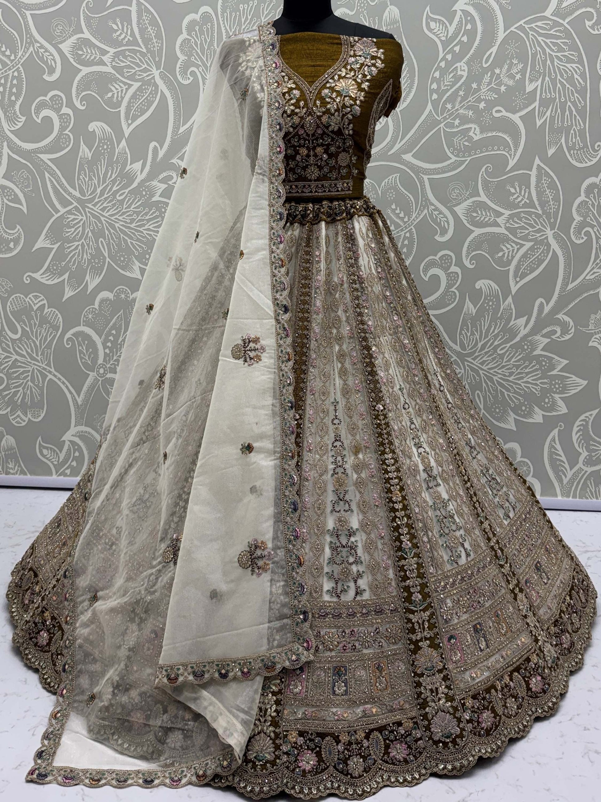 Classy Off-White Floral Embroidered Net Traditional Lehenga Choli