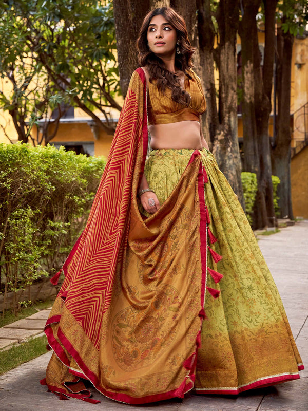 Classy Olive Green Printed Silk Ethnic Wear Lehenga Choli With Dupatta