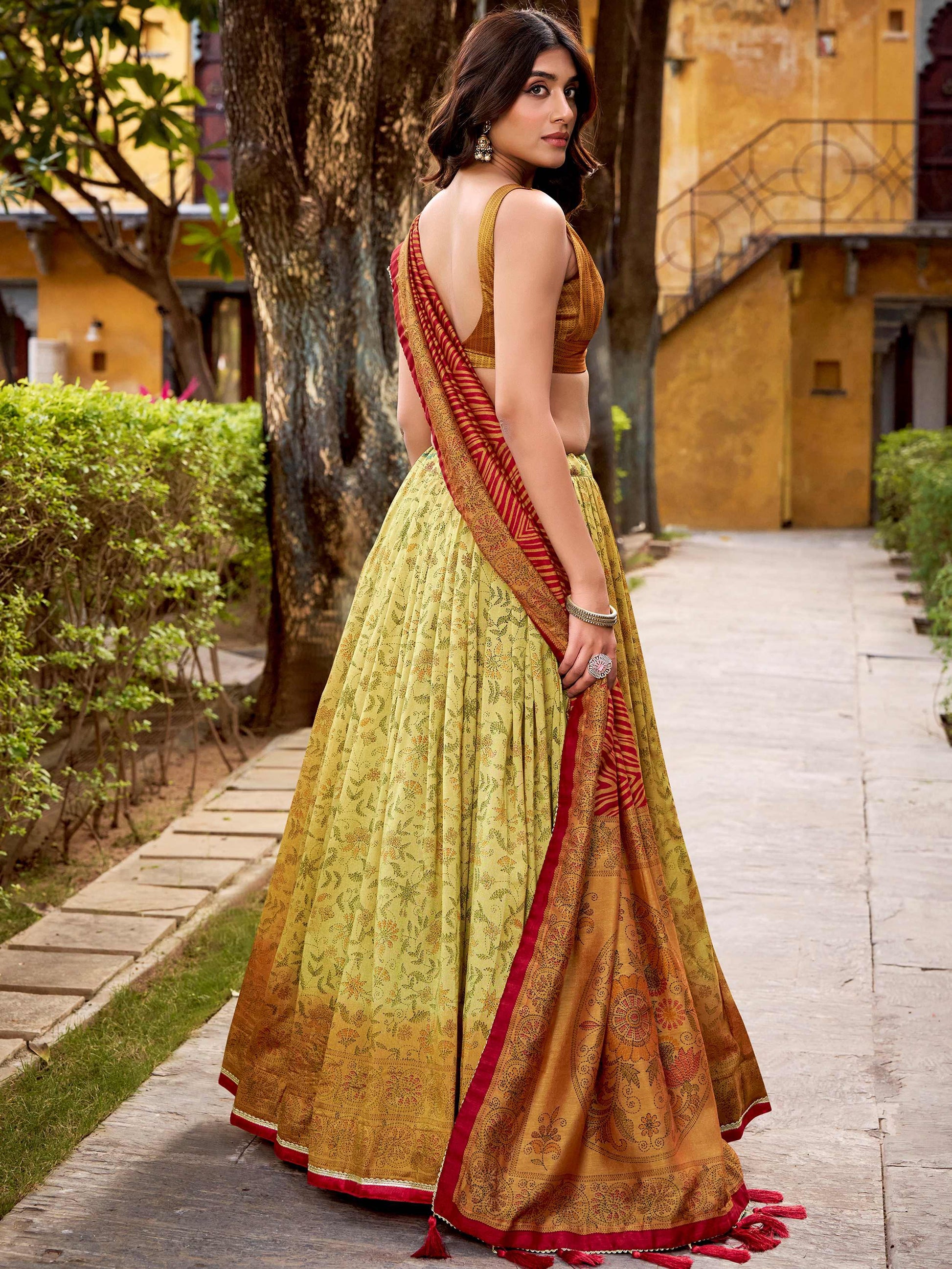 Classy Olive Green Printed Silk Ethnic Wear Lehenga Choli With Dupatta