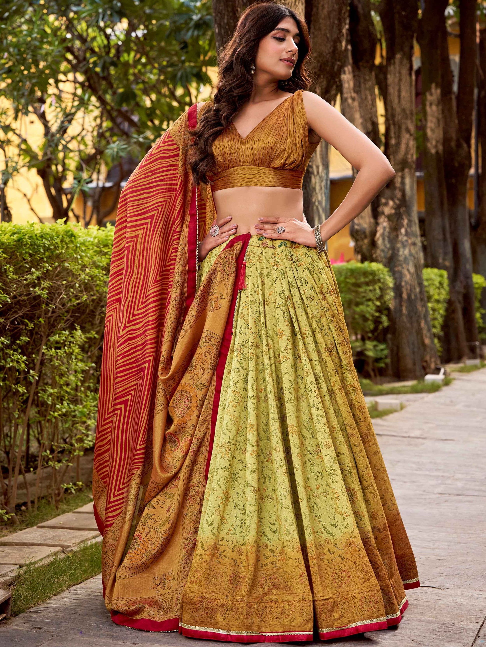 Classy Olive Green Printed Silk Ethnic Wear Lehenga Choli With Dupatta
