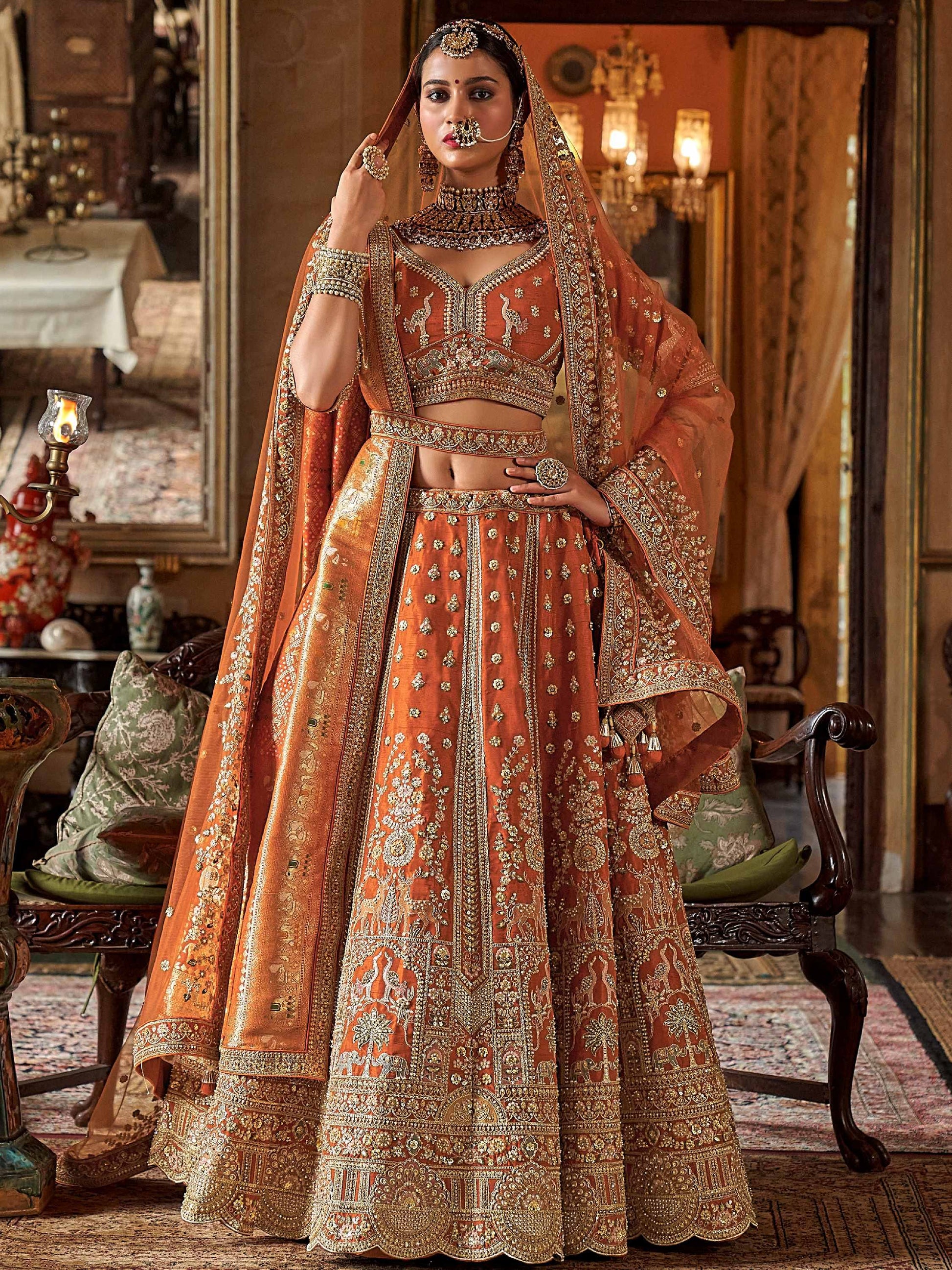 Classy Orange Embroidered Silk Bridal Lehenga Choli With Double Dupatta