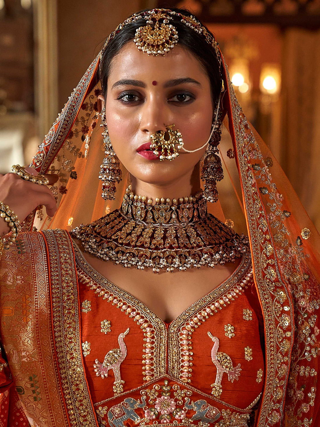 Classy Orange Embroidered Silk Bridal Lehenga Choli With Double Dupatta