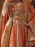Classy Orange Embroidered Silk Bridal Lehenga Choli With Double Dupatta