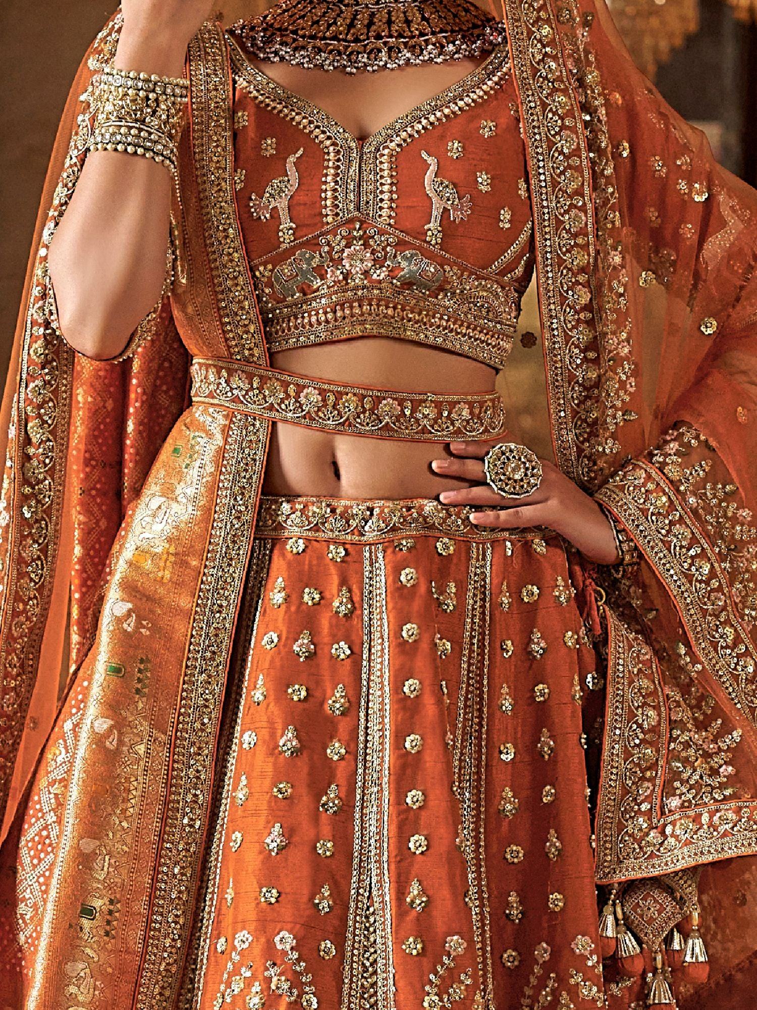 Classy Orange Embroidered Silk Bridal Lehenga Choli With Double Dupatta