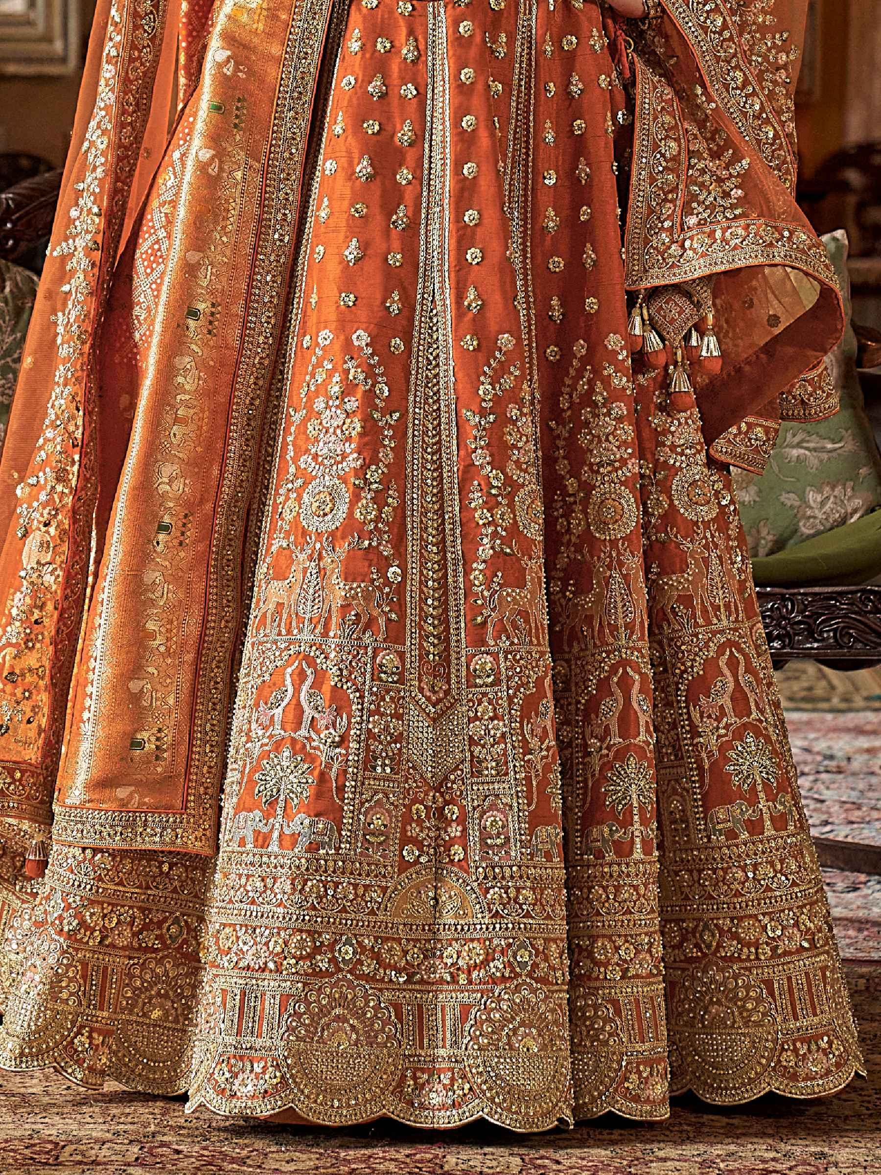 Classy Orange Embroidered Silk Bridal Lehenga Choli With Double Dupatta