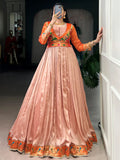 Classy Peach Zari Weaving  Silk Engagement Wear Gown