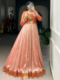 Classy Peach Zari Weaving  Silk Engagement Wear Gown