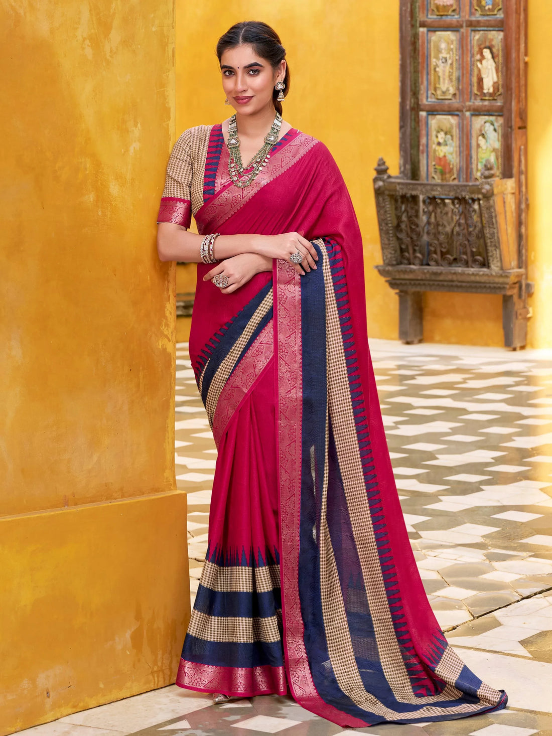 Classy Pink Zari Weaving Cotton Traditional Saree With Blouse
