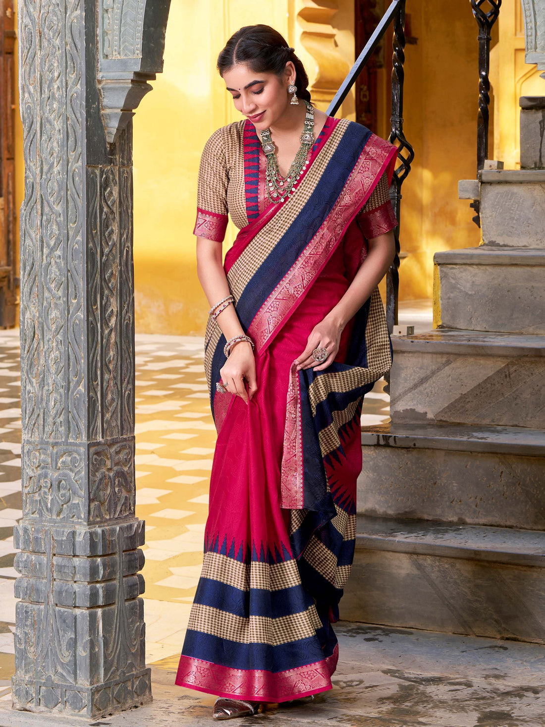 Classy Pink Zari Weaving Cotton Traditional Saree With Blouse