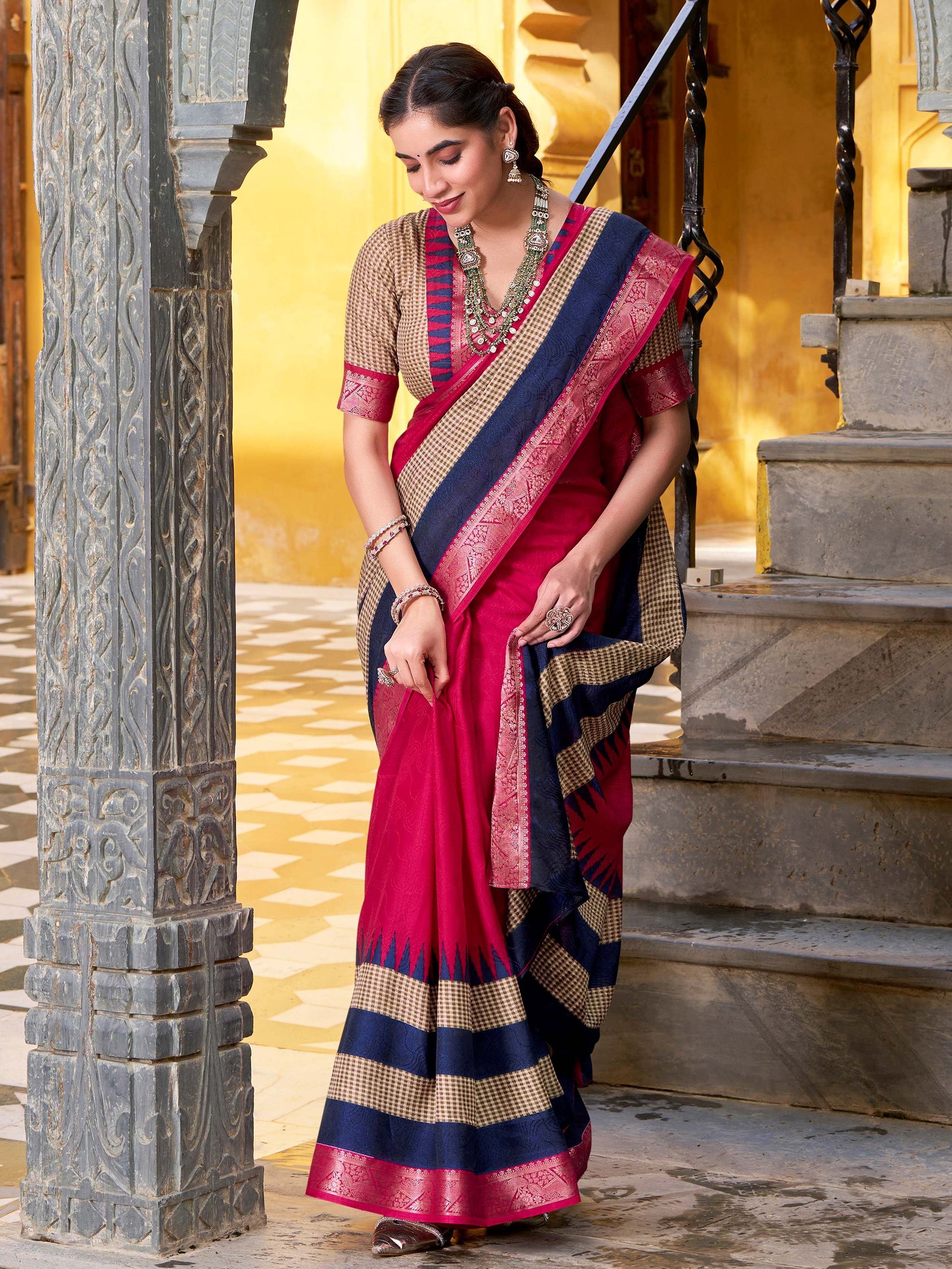 Classy Pink Zari Weaving Cotton Traditional Saree With Blouse