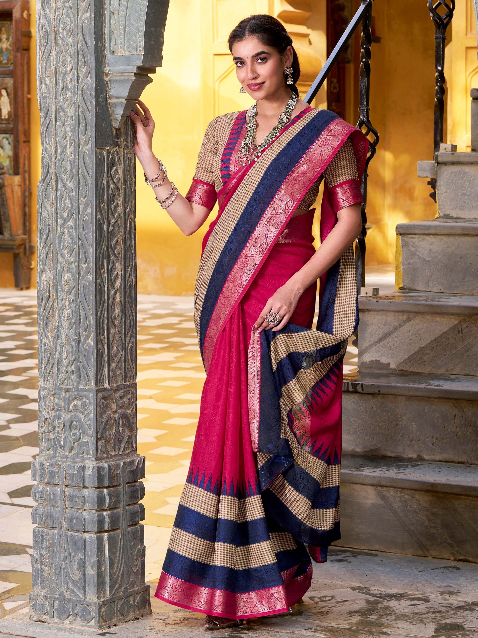 Classy Pink Zari Weaving Cotton Traditional Saree With Blouse